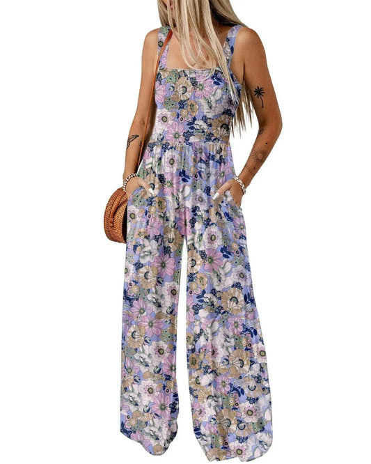 Bohemian Sleeveless Wide Leg Jumpsuit With Pockets
