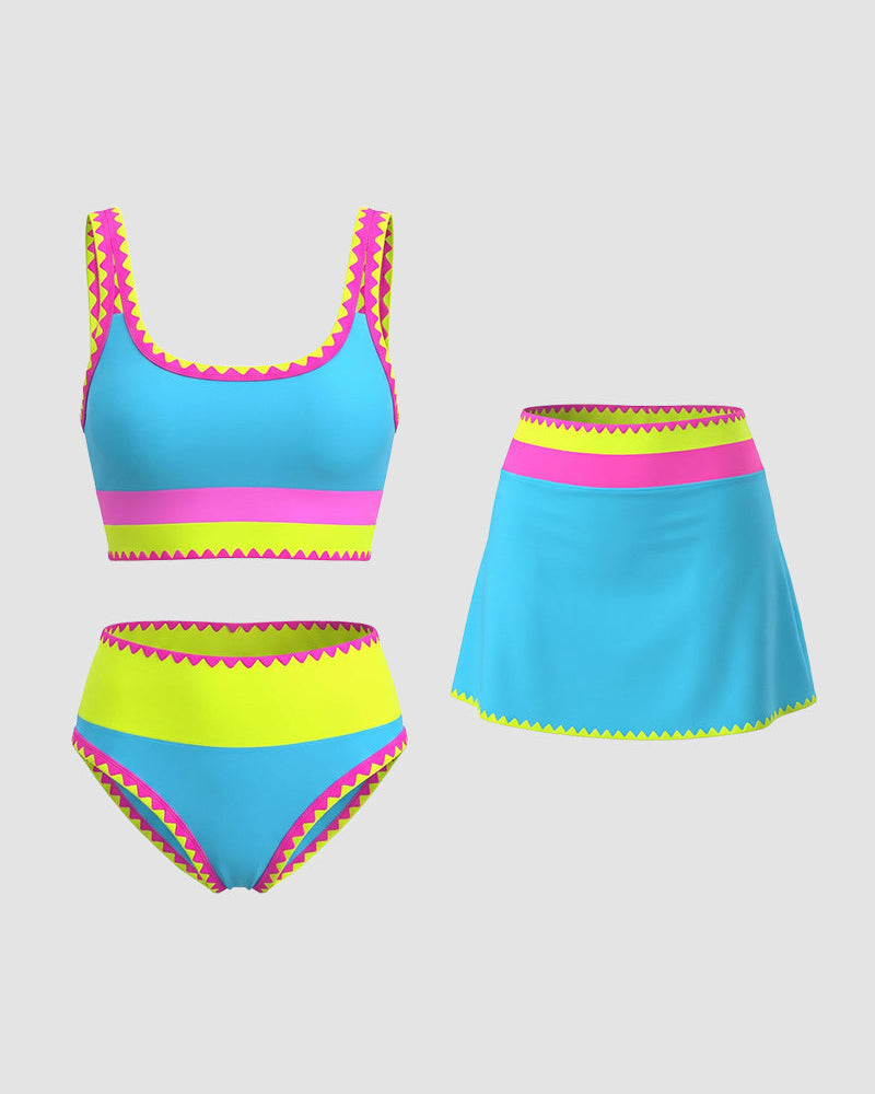 Color Contrast Patchwork Nylon Sporty 3 Piece Bikini Sets