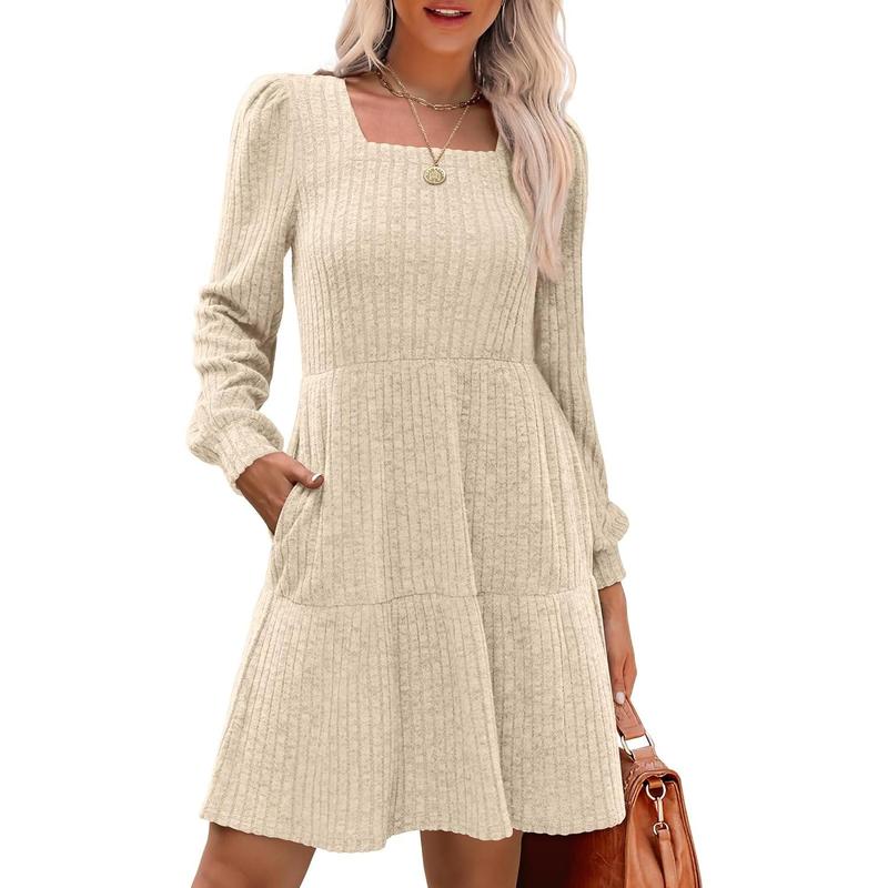 Womens Square Neck Long Sleeve Fall Dresses Casual Babydoll Sweater Dress