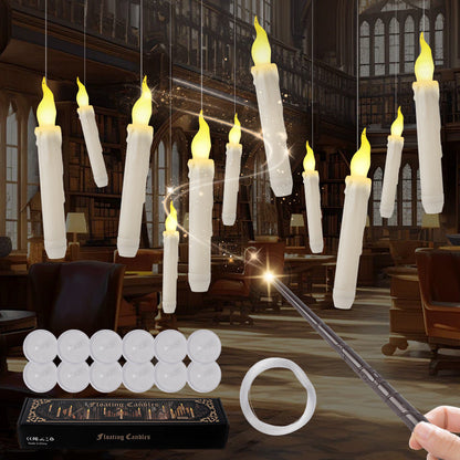 Magical Floating Candles with Wand - Flickering Taper Flameless Hanging Candles for Christmas, Halloween, Birthday Parties, Home Decor, and Gifts