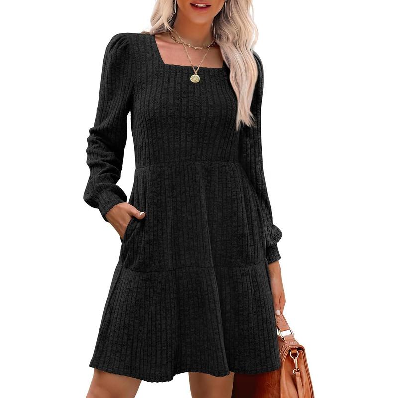 Womens Square Neck Long Sleeve Fall Dresses Casual Babydoll Sweater Dress