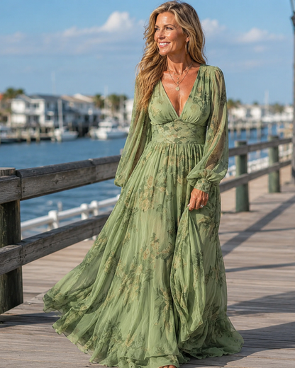 V-Neck Sheer Sleeve Maxi Dresses