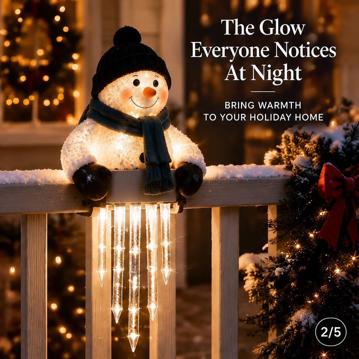 Lighted Snowman Railing Decoration with Hanging Icicles