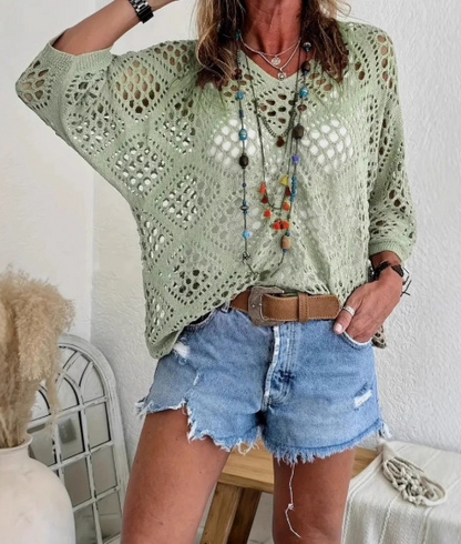 Women's Bohemian-Inspired Beige Crochet Top with V-Neck