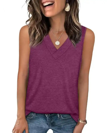 (S - 5XL) Women's V-Neck Tank Top - Loose Fit Summer Basic Tee