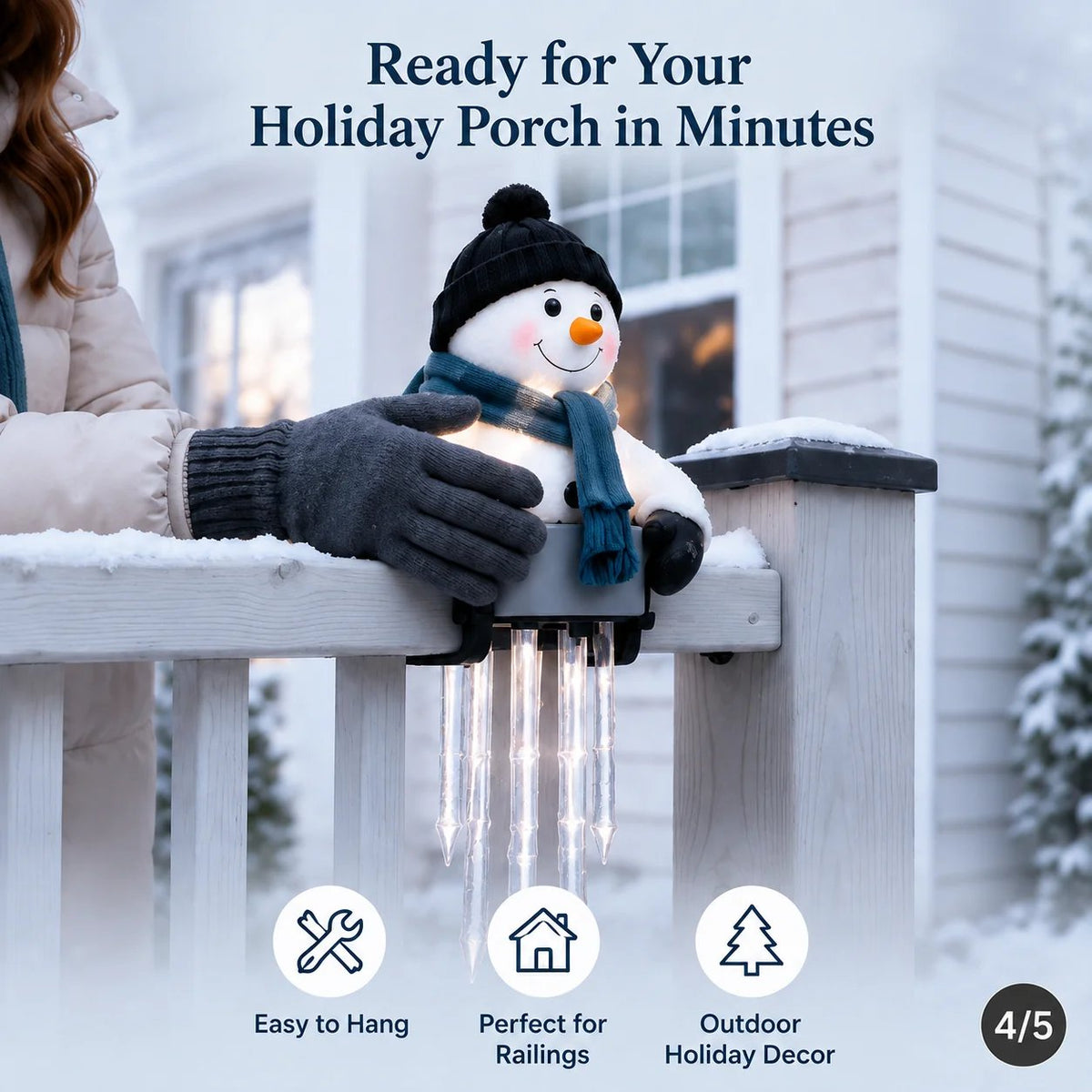 Lighted Snowman Railing Decoration with Hanging Icicles