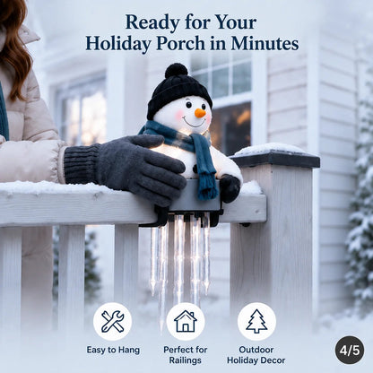 Lighted Snowman Railing Decoration with Hanging Icicles