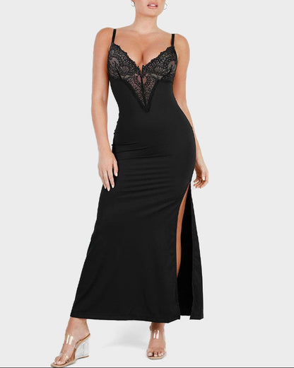 Deep-V Lace High-Slit Maxi Dress with Built-In Shapewear