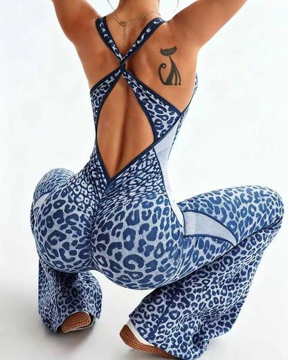 Curvy Seamless Leopard Print Backless Yoga Jumpsuit