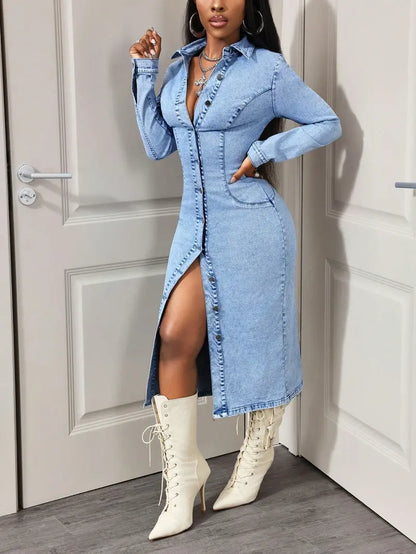 Slim-Fitting Long Sleeve Denim Dress Front Button Design
