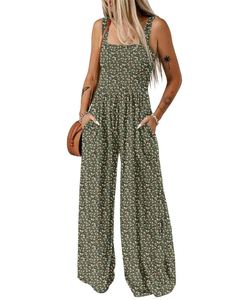 Bohemian Sleeveless Wide Leg Jumpsuit With Pockets