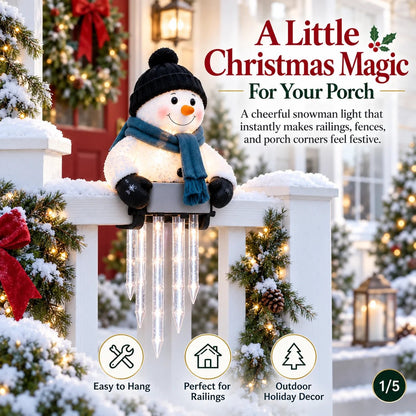 Lighted Snowman Railing Decoration with Hanging Icicles