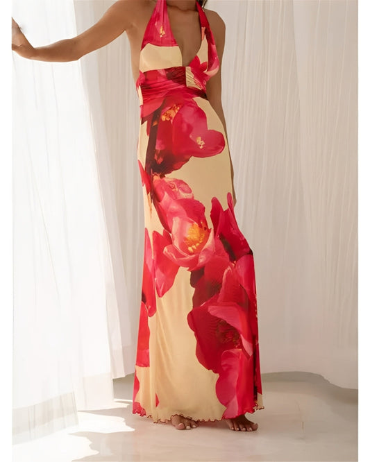Womens Halter Backless Floral Dot Maxi Dress