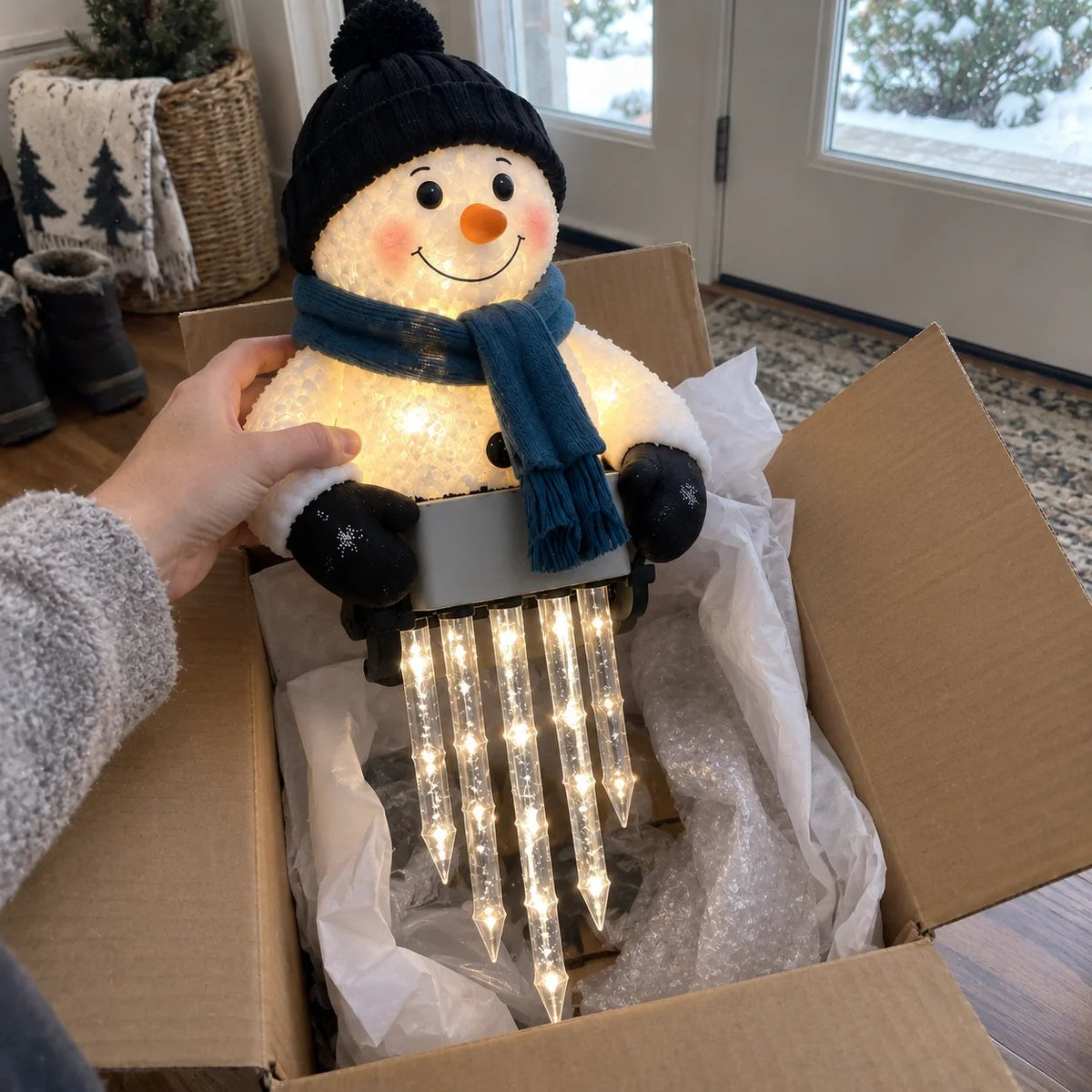 Lighted Snowman Railing Decoration with Hanging Icicles