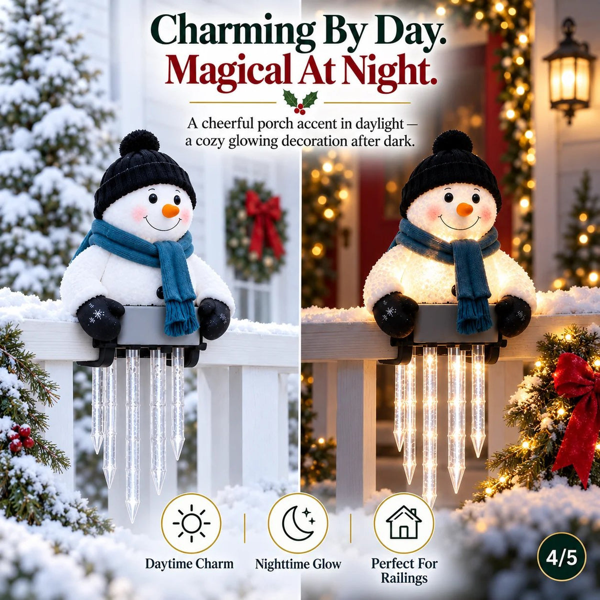 Lighted Snowman Railing Decoration with Hanging Icicles