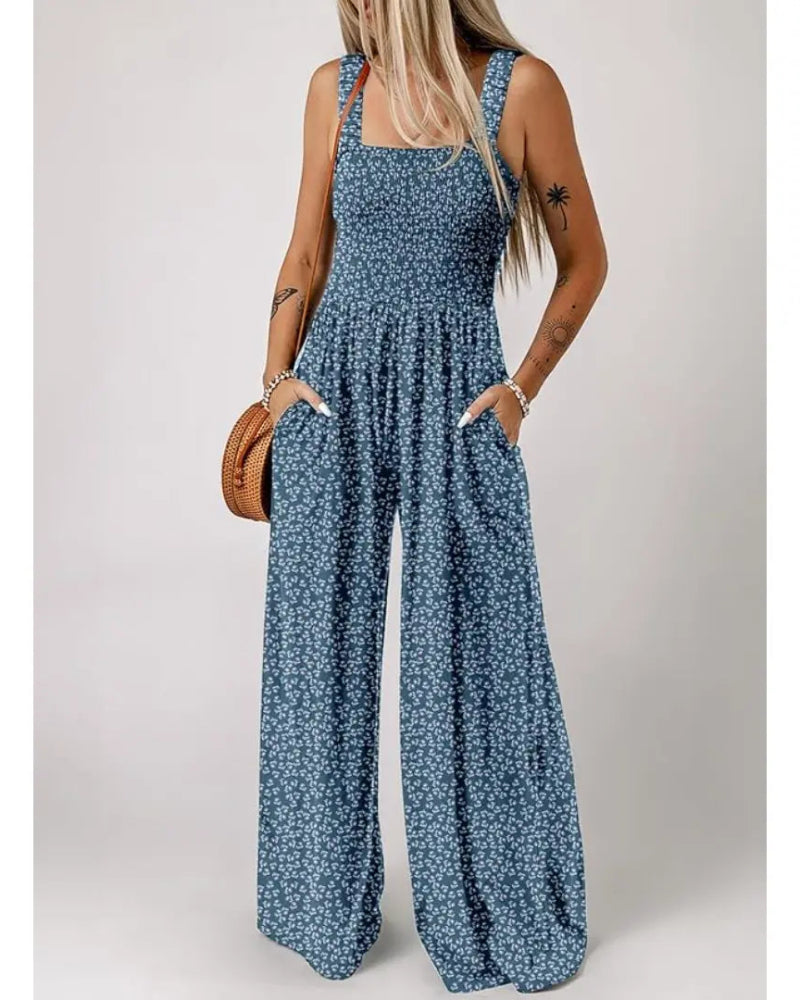 Bohemian Sleeveless Wide Leg Jumpsuit With Pockets