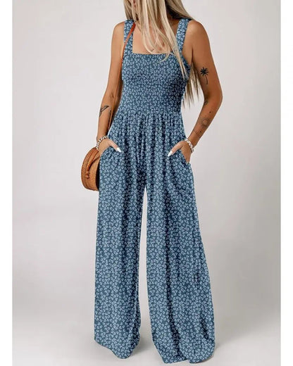 Bohemian Sleeveless Wide Leg Jumpsuit With Pockets