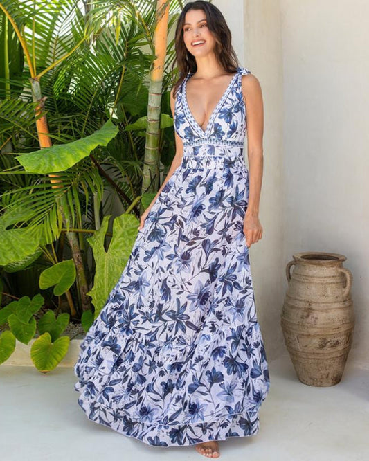 V Neck Blue Print One-Piece Swimsuit and Matching Cover Skirt Set Summer Swimdress