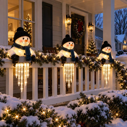 Lighted Snowman Railing Decoration with Hanging Icicles
