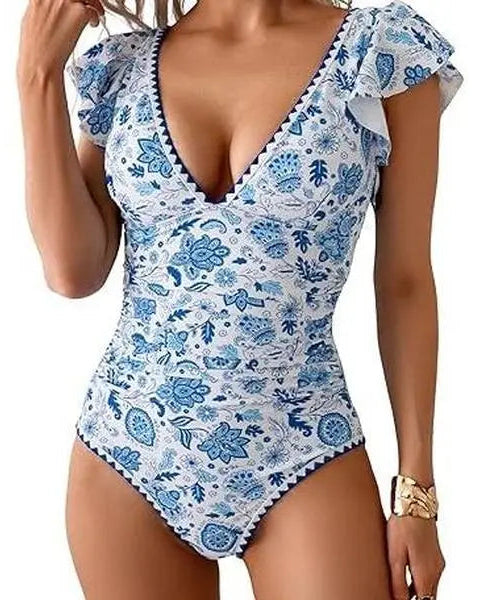 Women's V-neck one-piece ruffled tummy control swimsuit