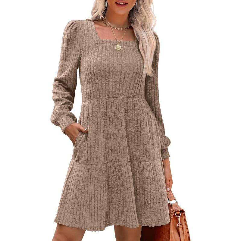 Womens Square Neck Long Sleeve Fall Dresses Casual Babydoll Sweater Dress