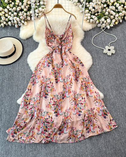 Boho Floral Print Spaghetti Strap A-Line Dress – Summer Beach Vacation Cami Dress