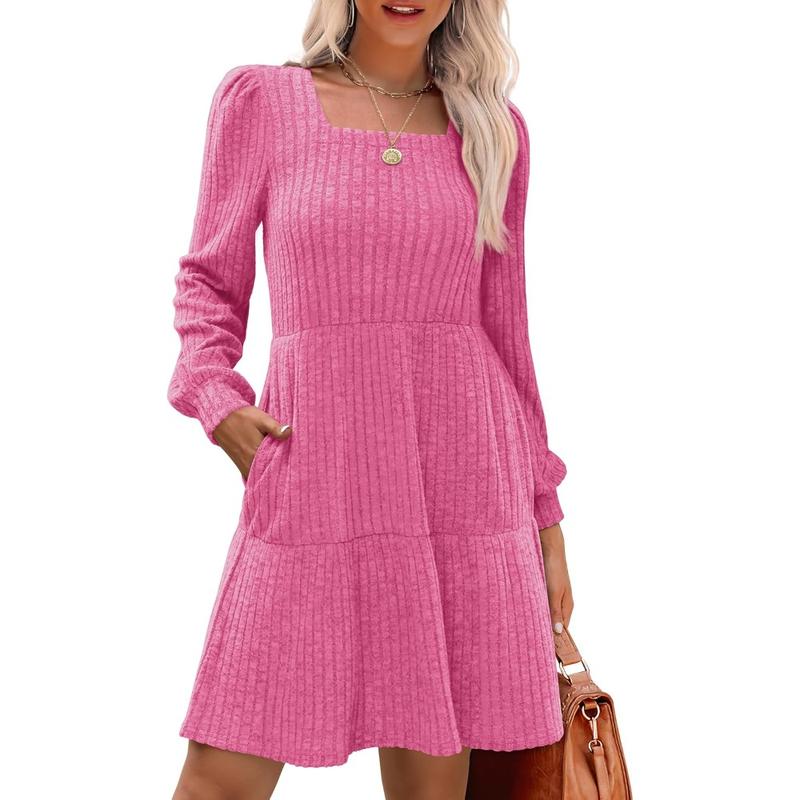 Womens Square Neck Long Sleeve Fall Dresses Casual Babydoll Sweater Dress
