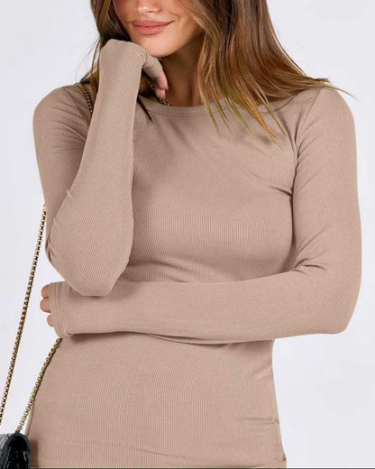 Women Long Sleeve Crewneck Rib Knit Slim Fit Shirts Basic Tee Tops 2025 Casual T-Shirt Going Out Workout Outfits