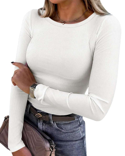 Women Long Sleeve Crewneck Rib Knit Slim Fit Shirts Basic Tee Tops 2025 Casual T-Shirt Going Out Workout Outfits