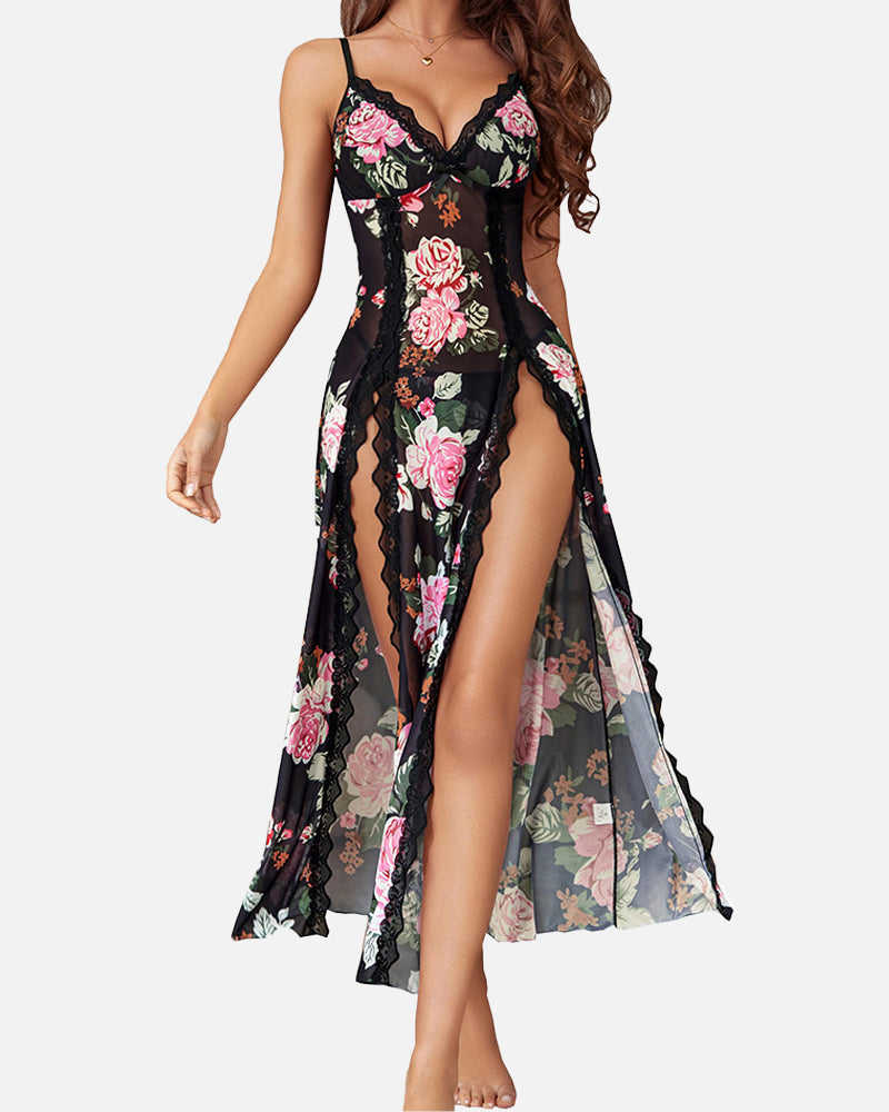 Camisón sexy de malla con escote en V y abertura lateral 