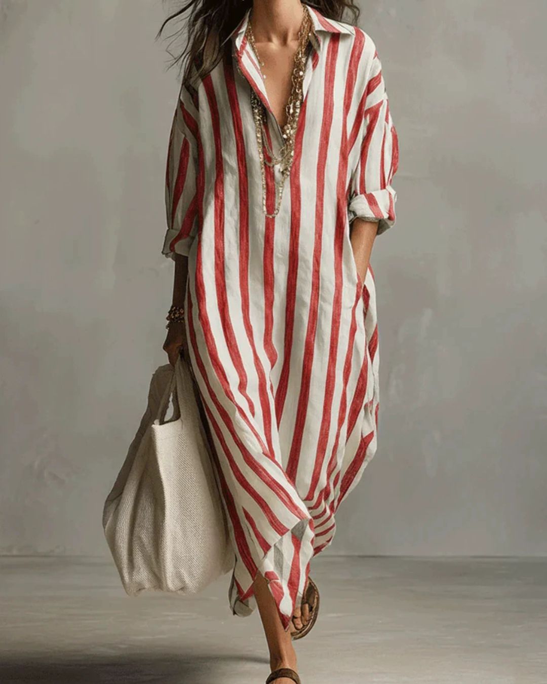 Casual Striped Shirt Boho Maxi Dress