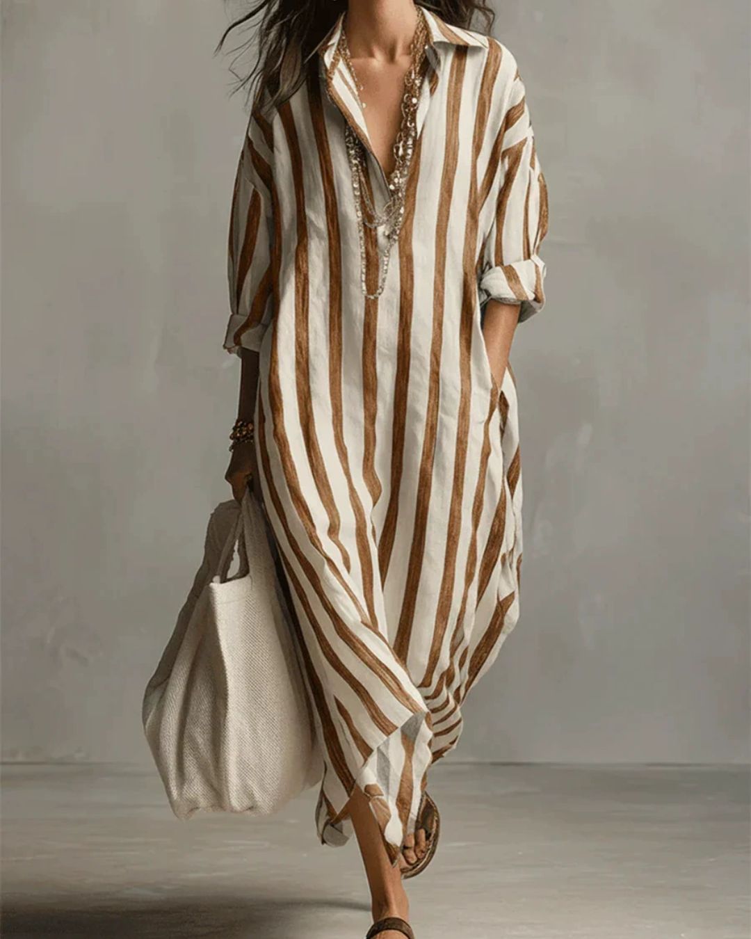 Casual Striped Shirt Boho Maxi Dress