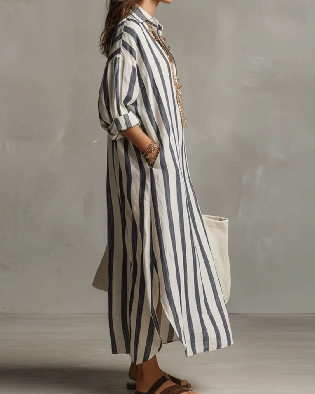 Casual Striped Shirt Boho Maxi Dress