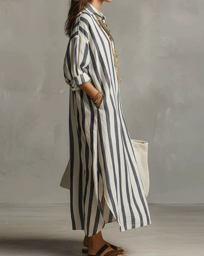 Casual Striped Shirt Boho Maxi Dress