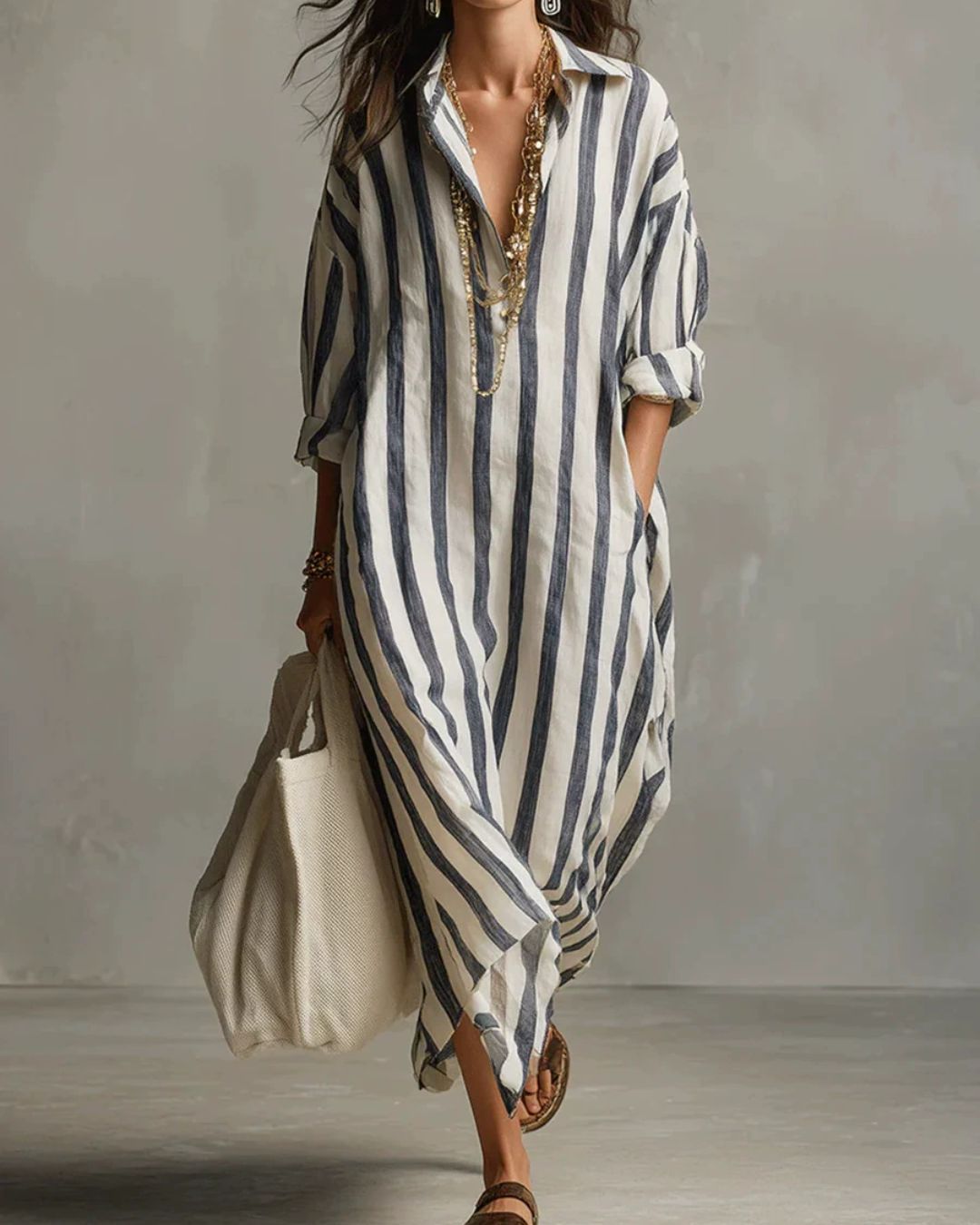 Casual Striped Shirt Boho Maxi Dress