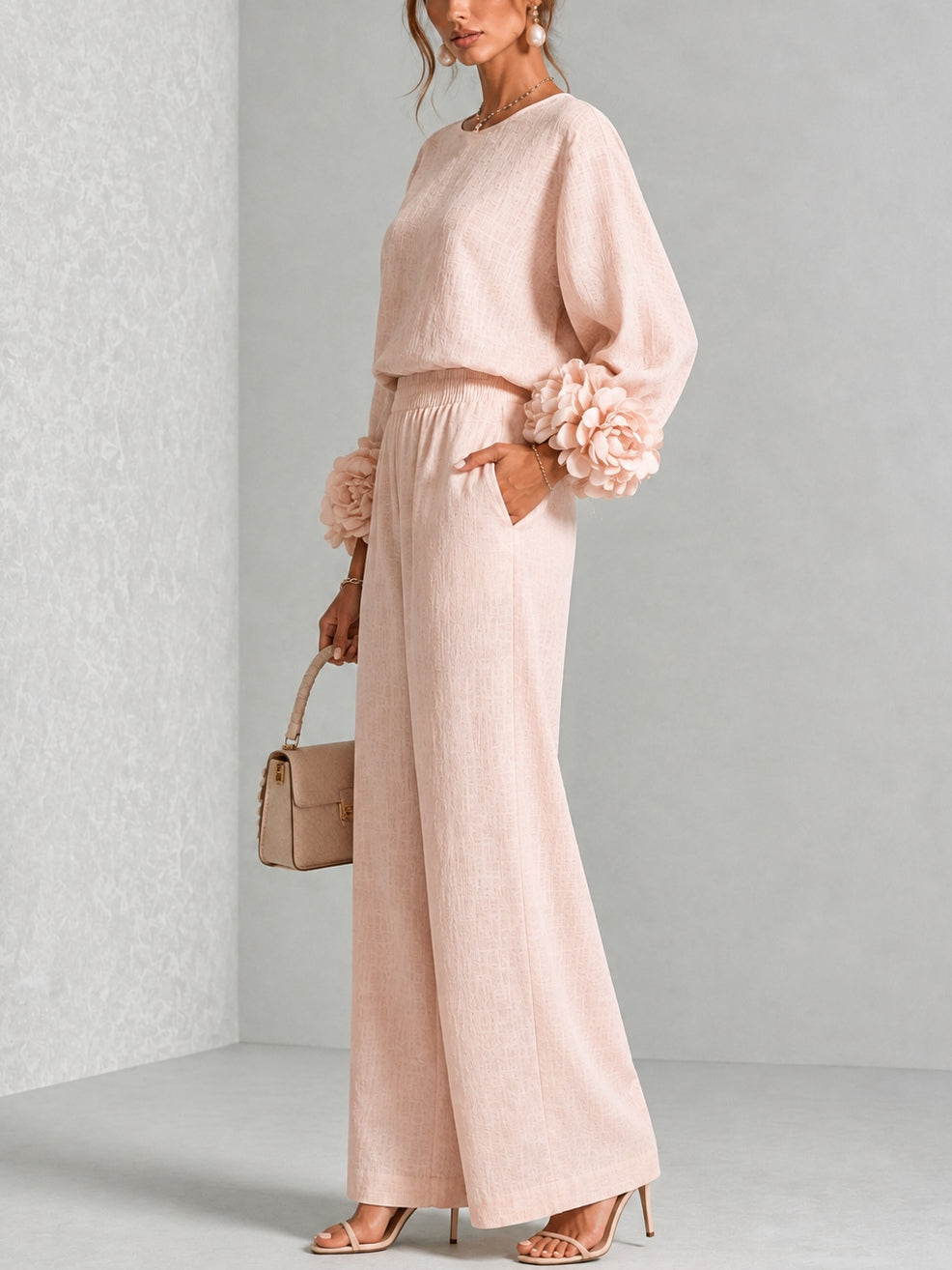 Floral Wide-Leg Trouser Set With Pink Sleeves
