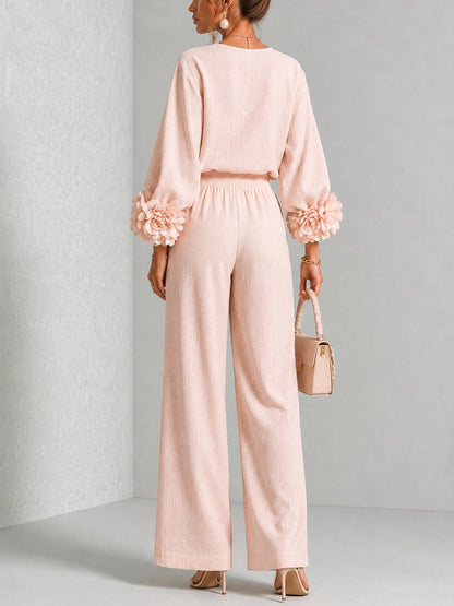 Floral Wide-Leg Trouser Set With Pink Sleeves
