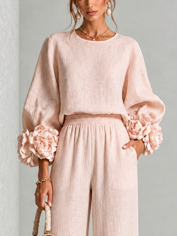 Floral Wide-Leg Trouser Set With Pink Sleeves