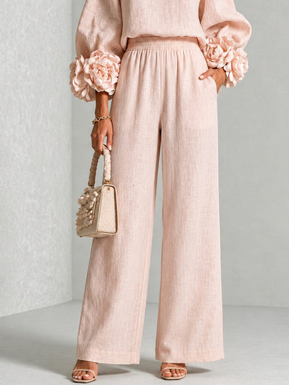 Floral Wide-Leg Trouser Set With Pink Sleeves