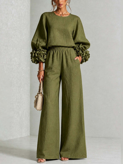 Floral Wide-Leg Trouser Set With Pink Sleeves