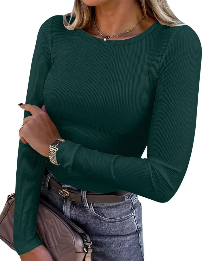 Women Long Sleeve Crewneck Rib Knit Slim Fit Shirts Basic Tee Tops 2025 Casual T-Shirt Going Out Workout Outfits