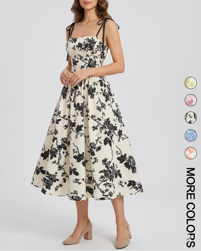 Curvy Floral Print Tie Shoulder Midi Cami Dress