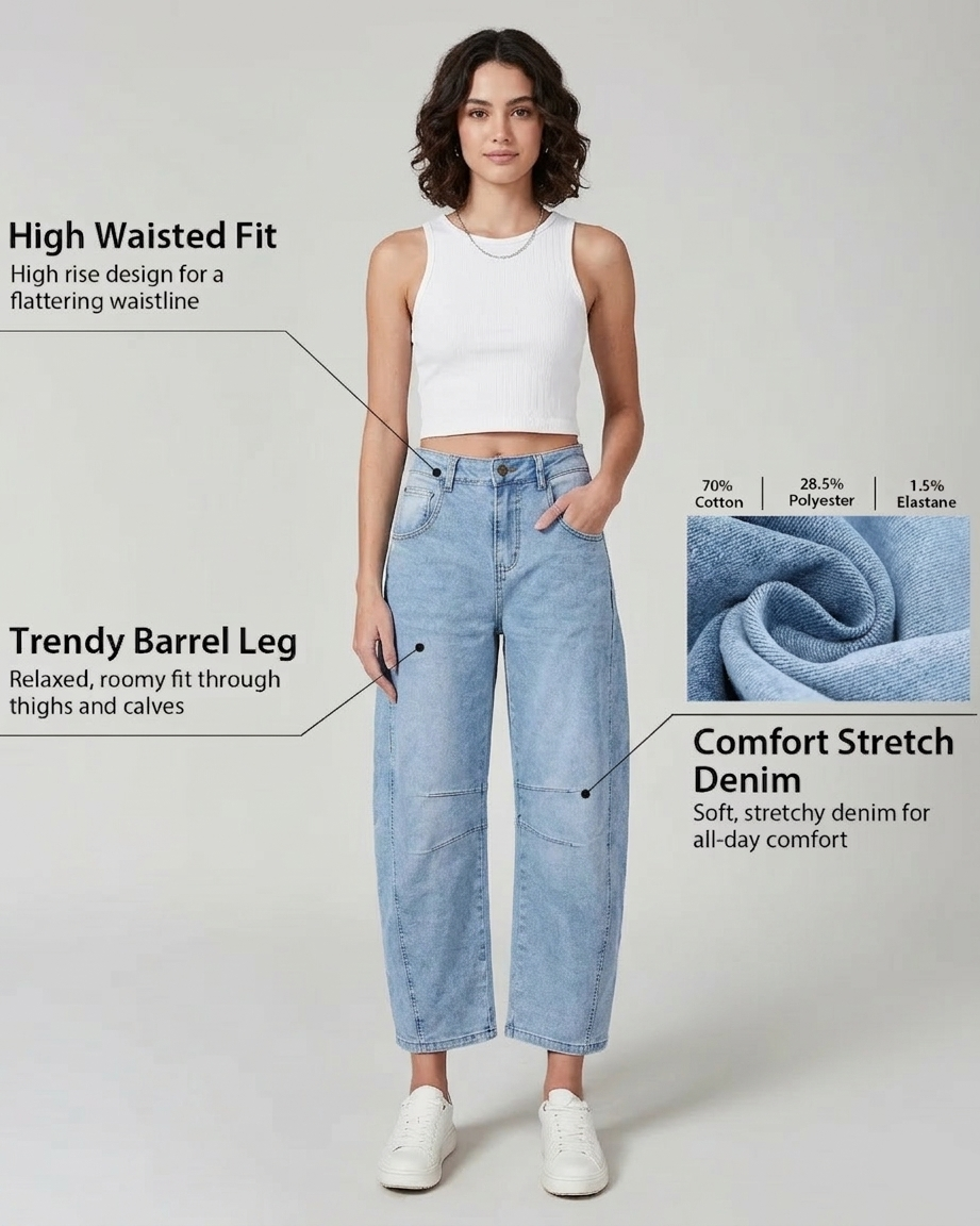 Women's High Waisted Wide Leg Baggy Cropped Barrel Jeans Plus Size