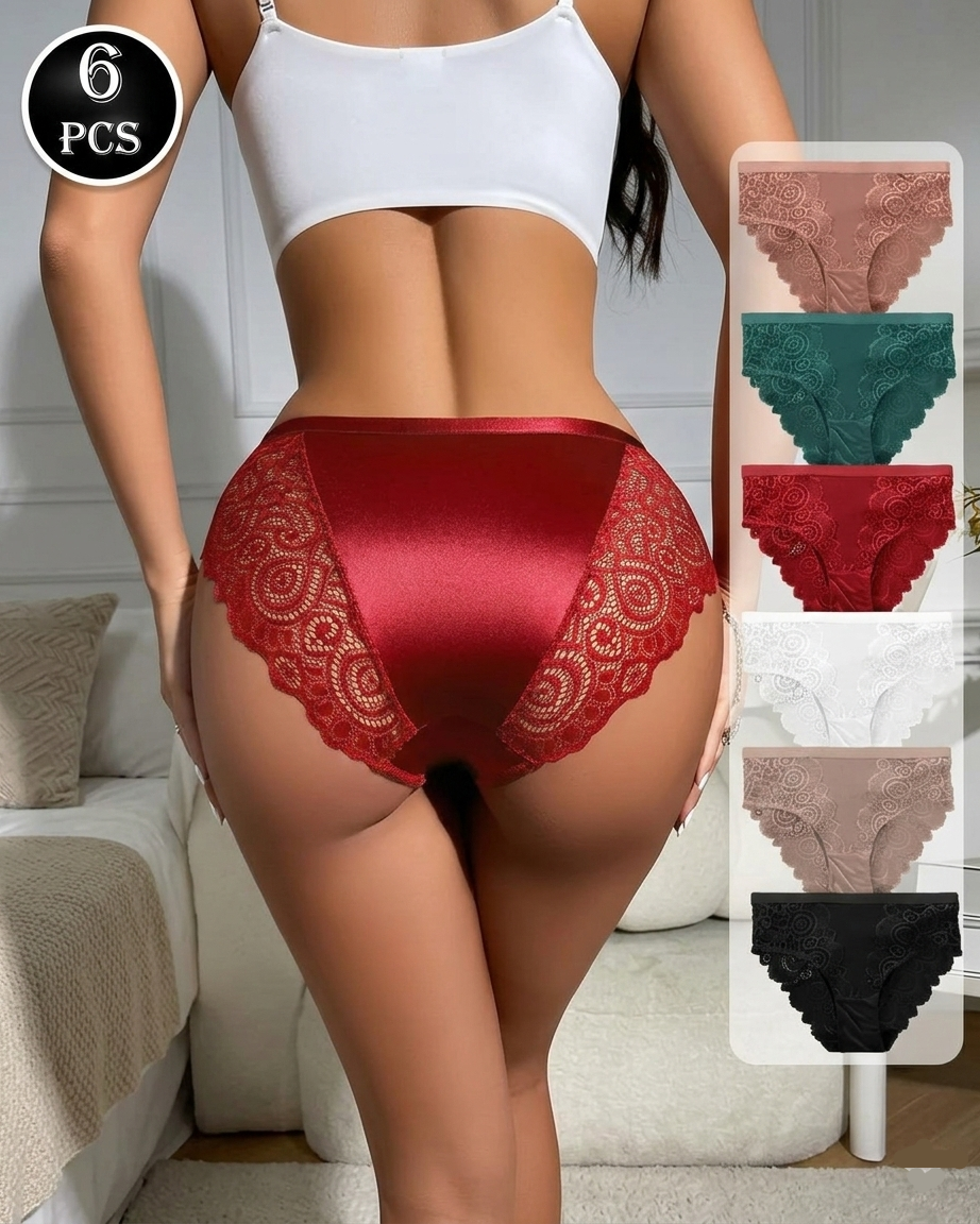Floral Design High Waist Lace Satin Panties (6 Pack)