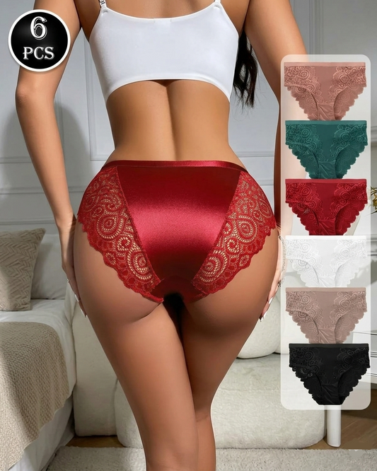 Floral Design High Waist Lace Satin Panties (6 Pack)