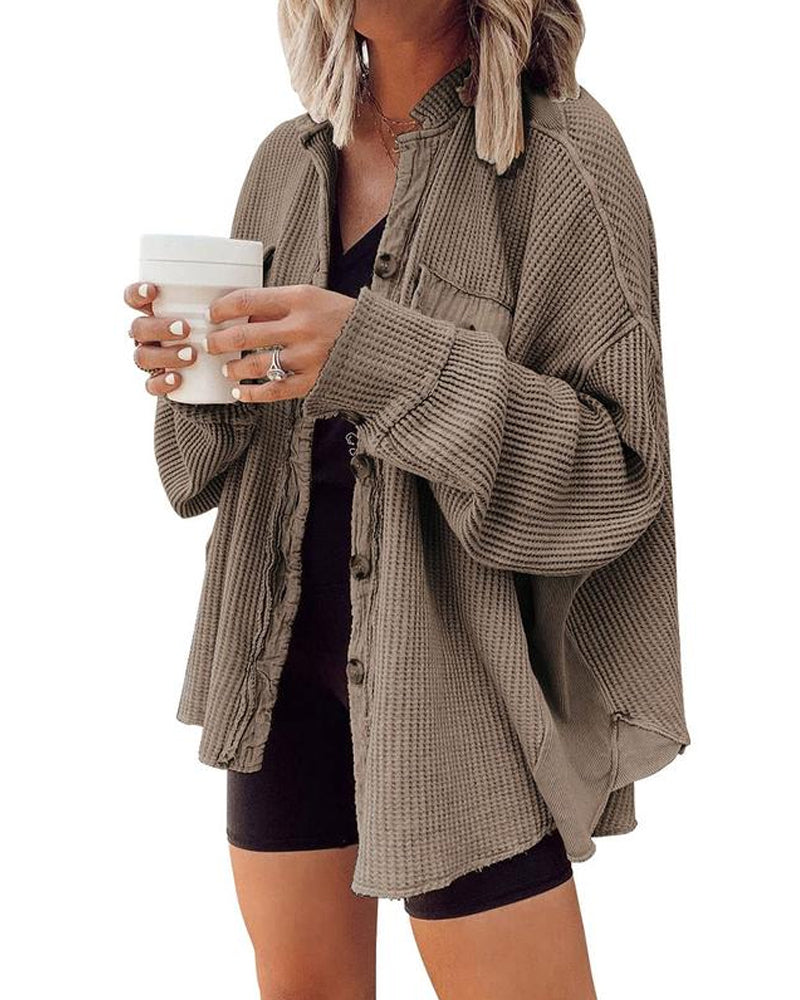 Women's Loose Fit Batwing Sleeve Waffle Knit Tops