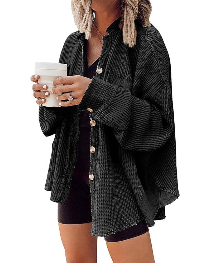 Women's Loose Fit Batwing Sleeve Waffle Knit Tops