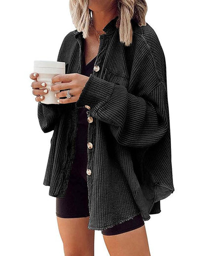 Women's Loose Fit Batwing Sleeve Waffle Knit Tops