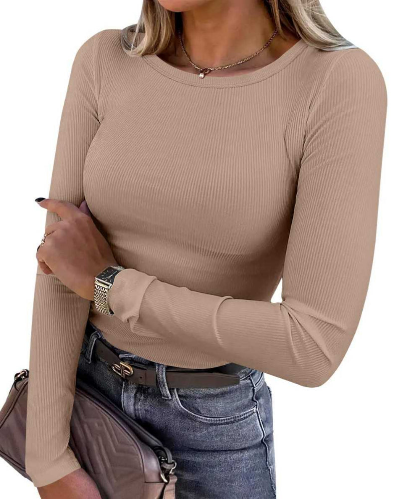 Women Long Sleeve Crewneck Rib Knit Slim Fit Shirts Basic Tee Tops 2025 Casual T-Shirt Going Out Workout Outfits