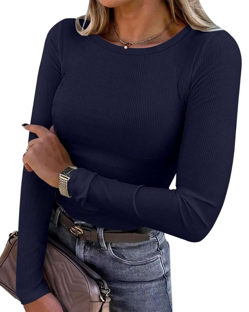 Women Long Sleeve Crewneck Rib Knit Slim Fit Shirts Basic Tee Tops 2025 Casual T-Shirt Going Out Workout Outfits